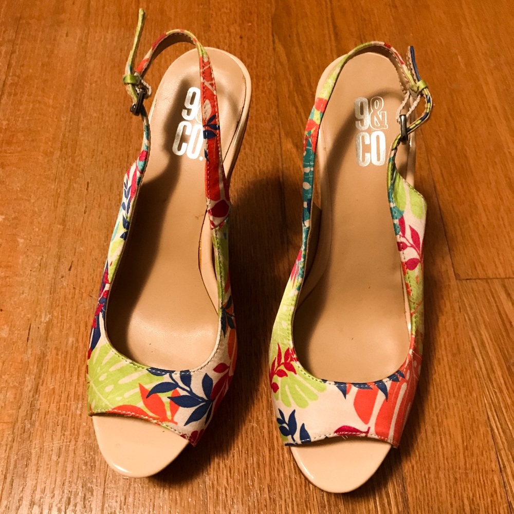 Tropical Floral Print Cork Wedges - Size 7.5